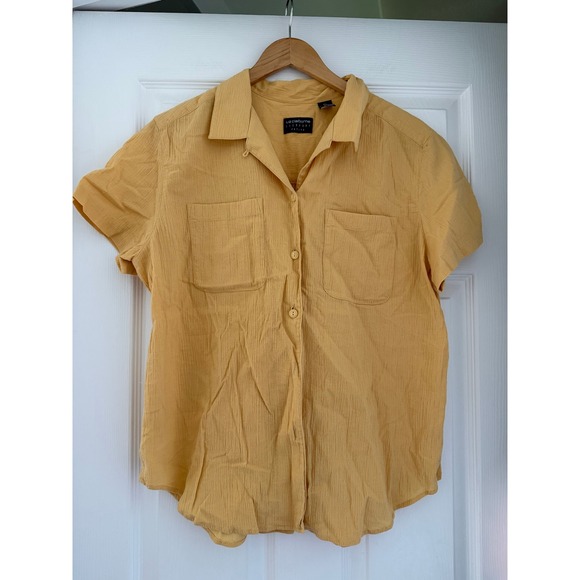 lizwear Tops - Vintage Liz Sport Linen Blend Mustard Yellow Textured Button Down Blouse 90s Mom